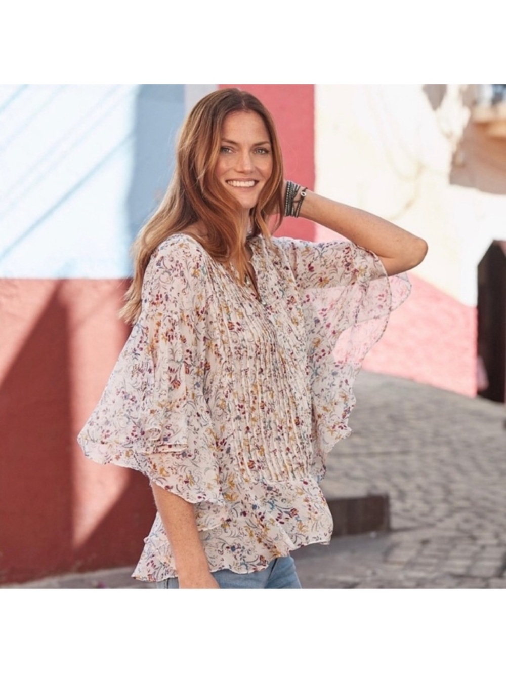 Sundance Floral Pleated Chiffon Top